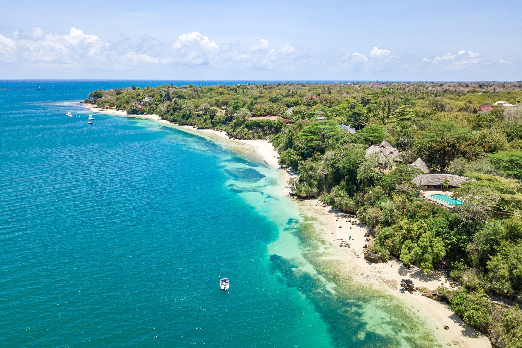 Aerial view of the beach stretching past Mwangati, Ras Kutoka, Tower House and Mdoroni