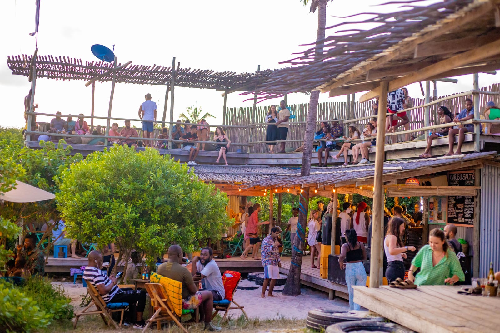 A wider view of the multi-level deck at Salty's Kitesurf Village