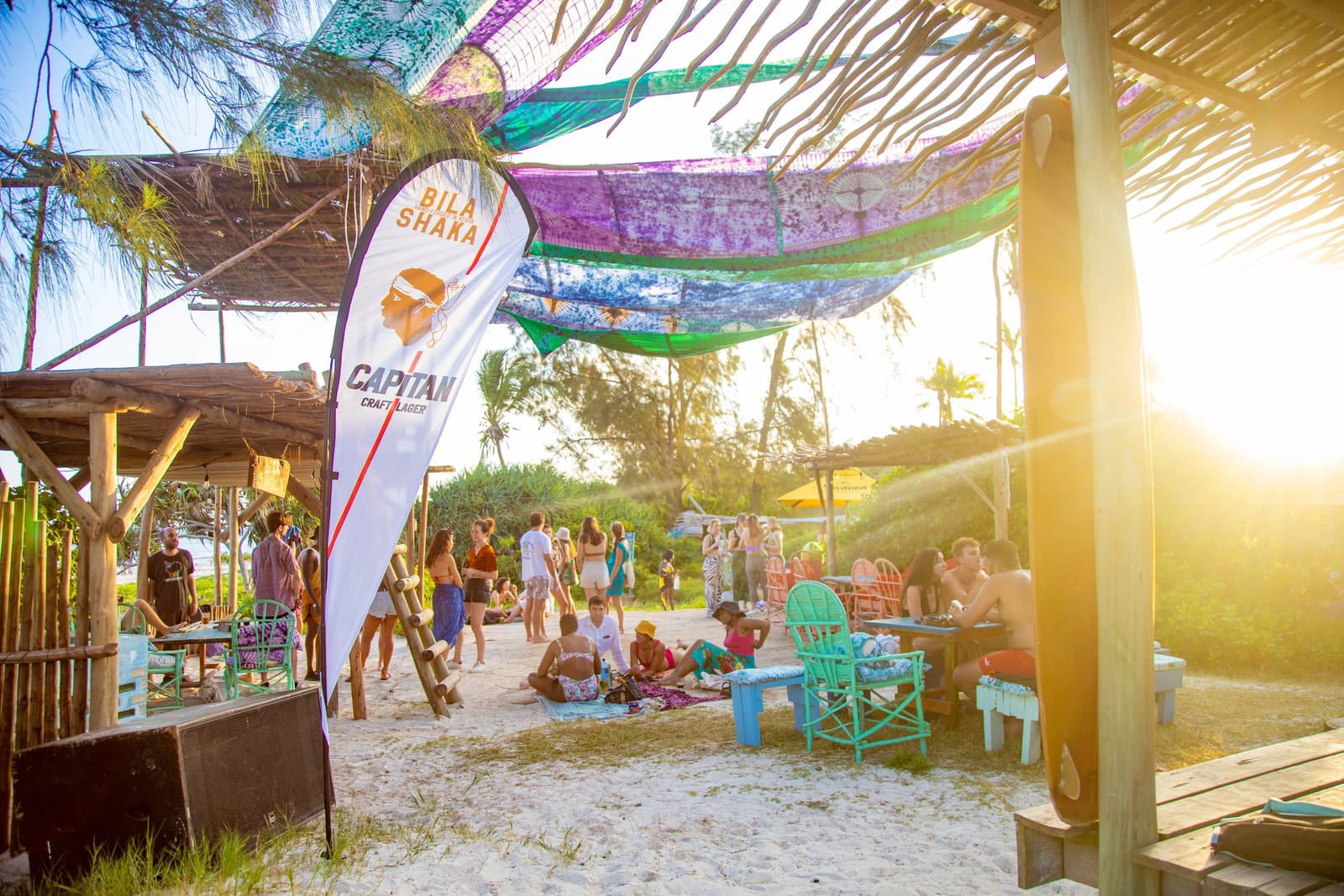 Sunset at the beach bar with the Capitan flag flying